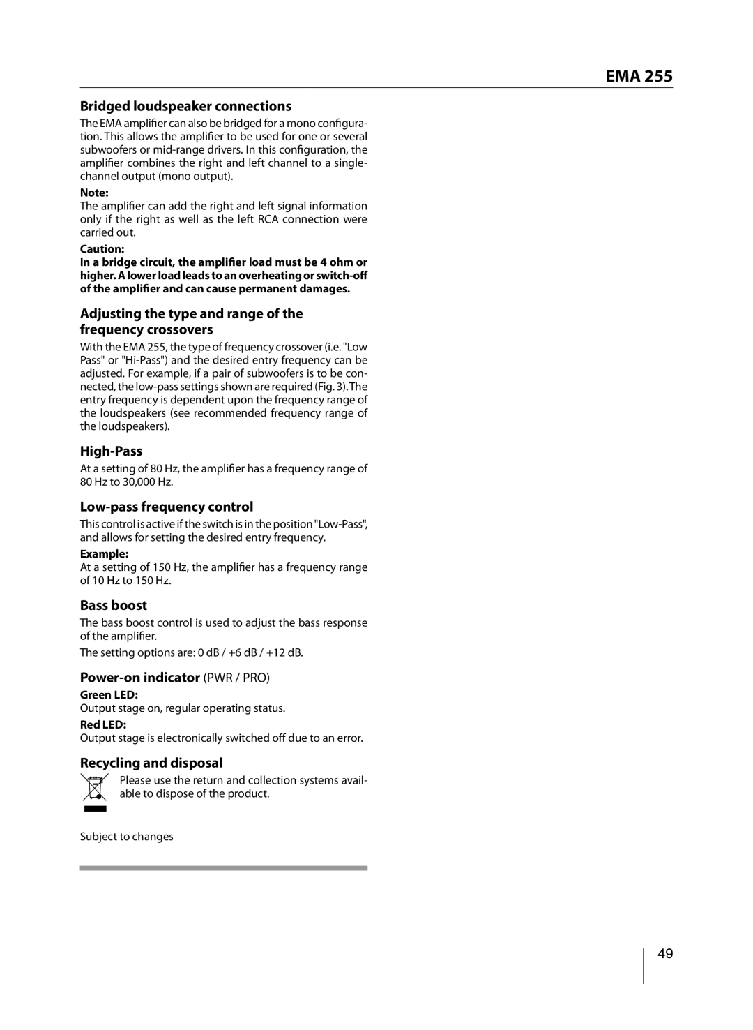 Blaupunkt EMA 255 manual Bridged loudspeaker connections 