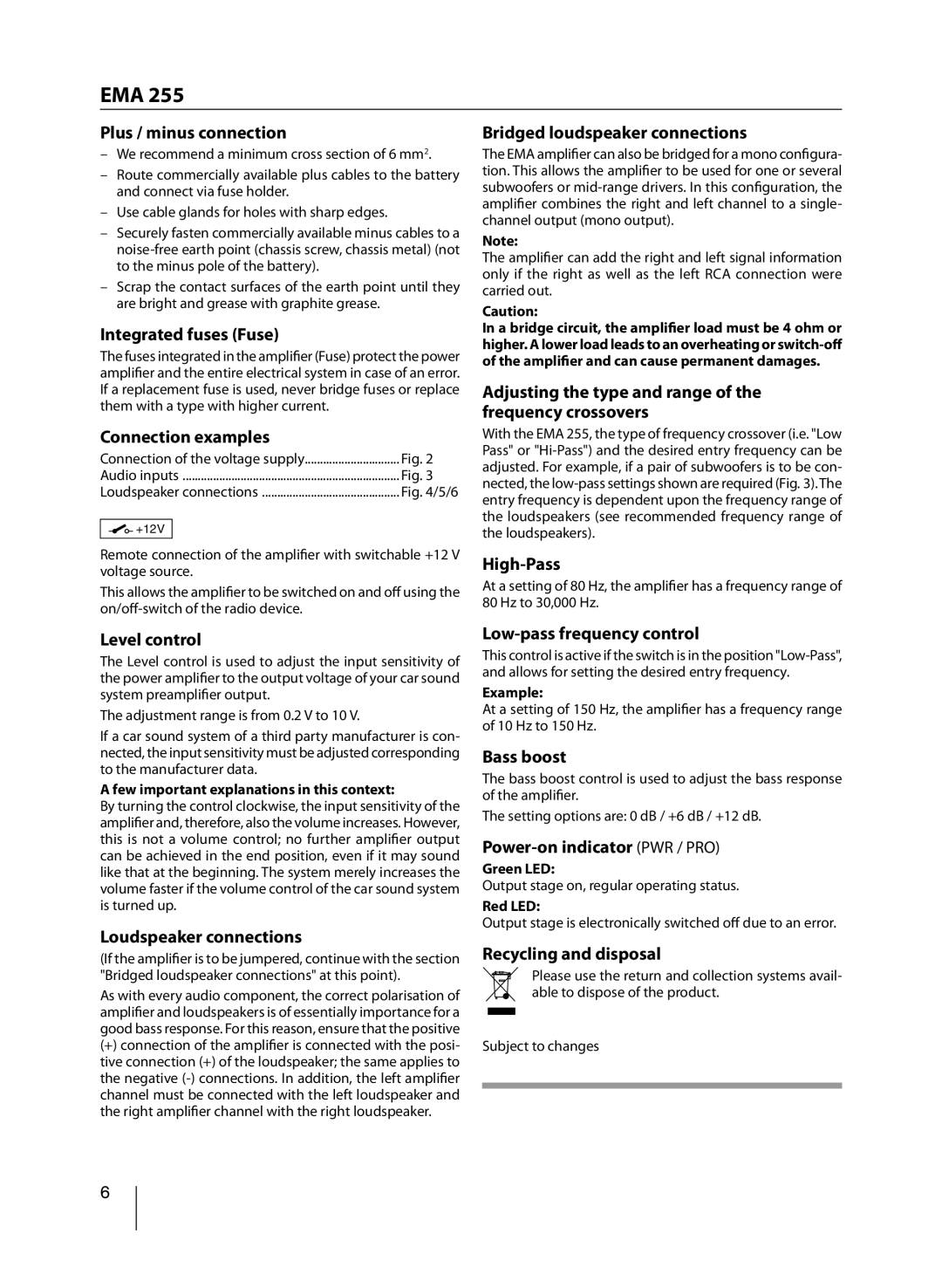 Blaupunkt EMA 255 manual Plus / minus connection, Integrated fuses Fuse, Connection examples, Level control, High-Pass 