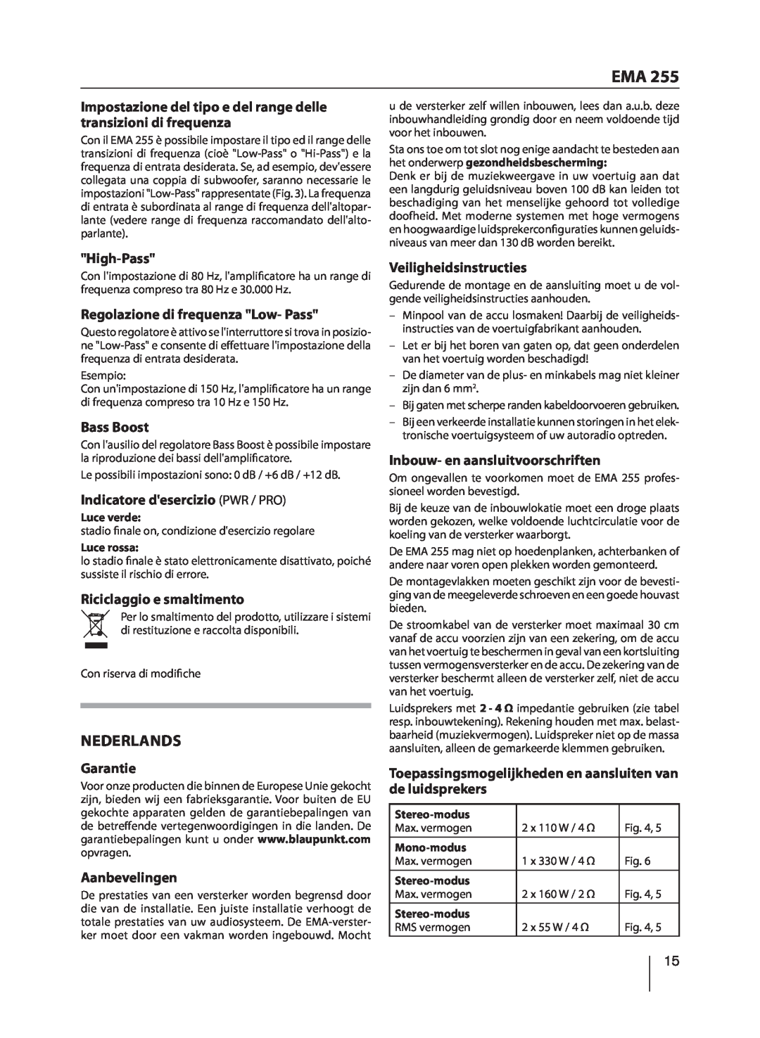 Blaupunkt EMA 255 manual Nederlands 