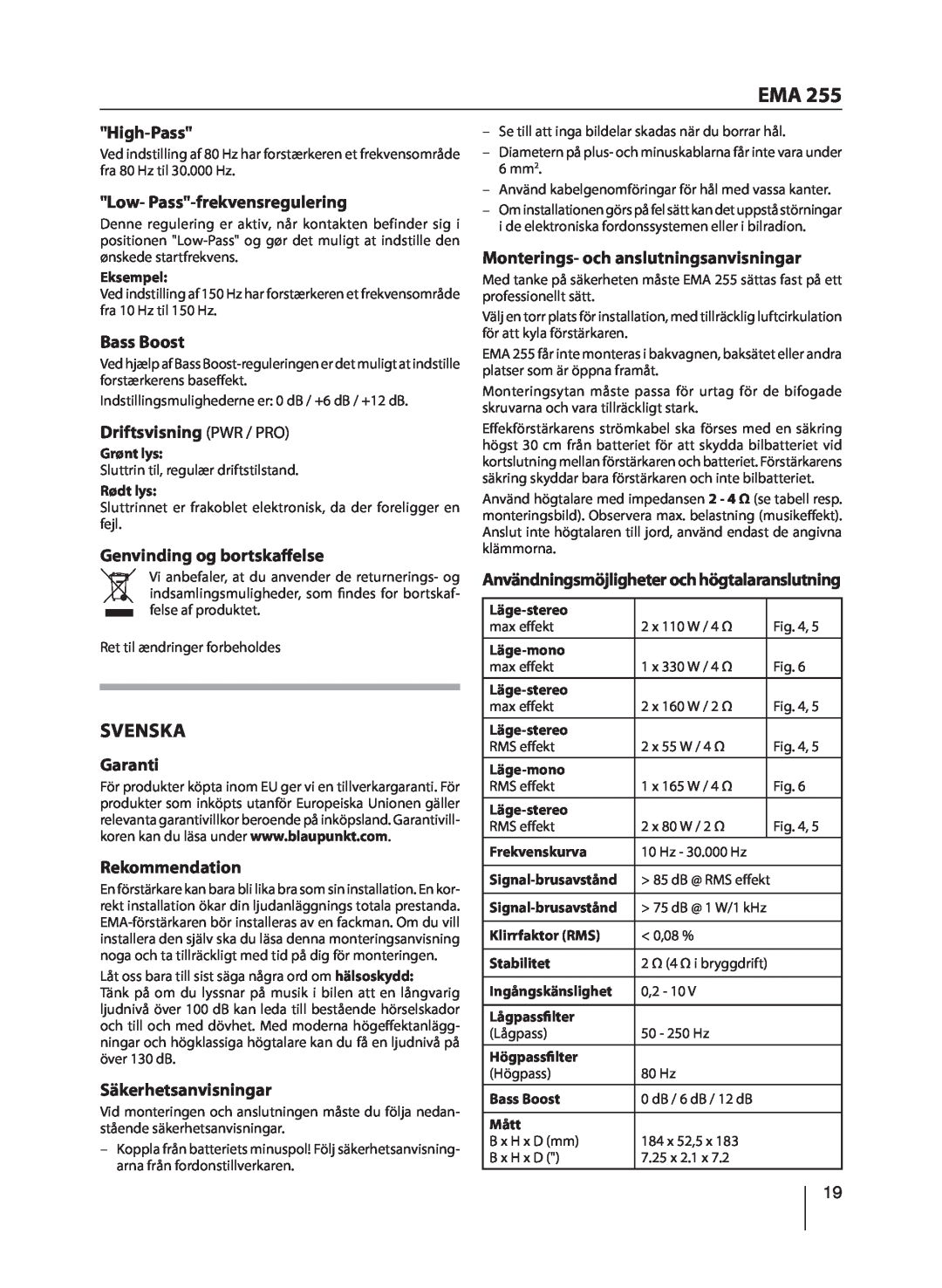 Blaupunkt EMA 255 manual Svenska 