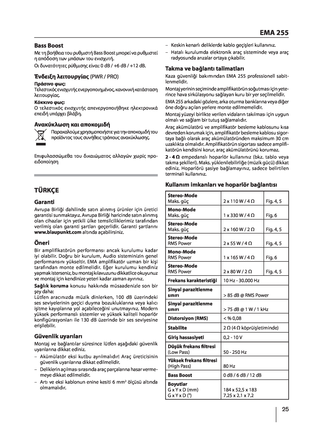 Blaupunkt EMA 255 manual Türkçe, Bass Boost, Ένδειξη λειτουργίας PWR / PRO, Ανακύκλωση και αποκομιδή, Garanti, Öneri 