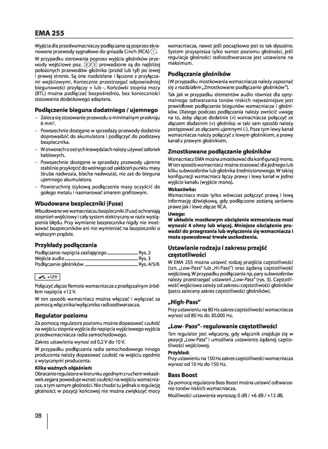 Blaupunkt EMA 255 manual Podłączenie bieguna dodatniego / ujemnego 