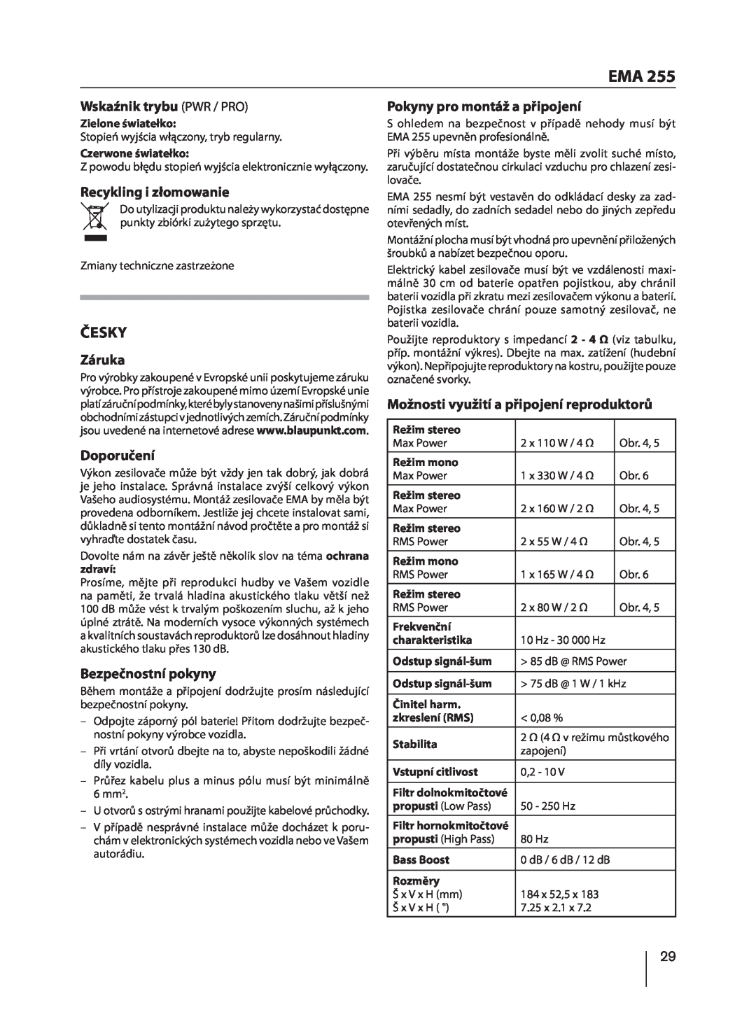 Blaupunkt EMA 255 manual Česky, Wskaźnik trybu PWR / PRO, Recykling i złomowanie, Záruka, Doporučení, Bezpečnostní pokyny 