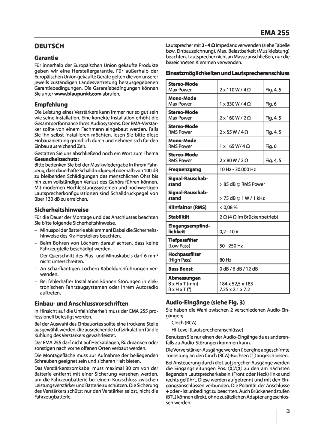 Blaupunkt EMA 255 manual Deutsch, Garantie, Empfehlung, Sicherheitshinweise, Einbau- und Anschlussvorschriften 