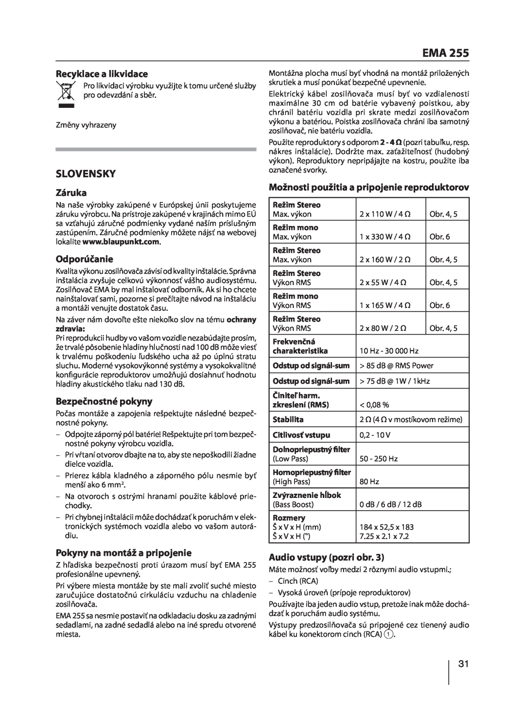 Blaupunkt EMA 255 manual Slovensky, Recyklace a likvidace, Záruka, Odporúčanie, Bezpečnostné pokyny, Audio vstupy pozri obr 