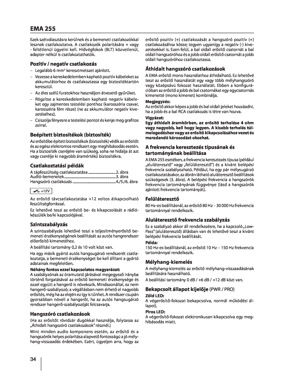 Blaupunkt EMA 255 manual Pozitív / negatív csatlakozás 