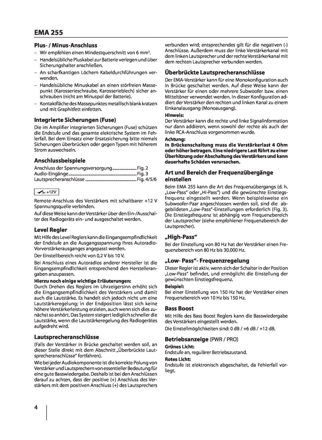 Blaupunkt EMA 255 manual Plus- / Minus-Anschluss 