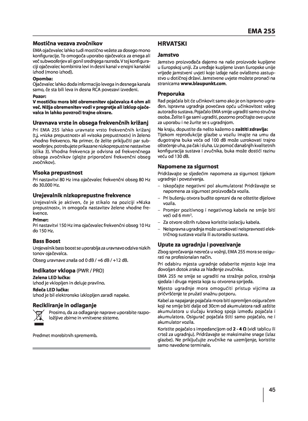 Blaupunkt EMA 255 manual Hrvatski 
