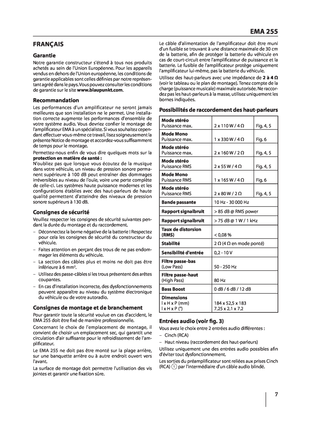 Blaupunkt EMA 255 manual Français, Garantie, Recommandation, Consignes de sécurité, Consignes de montage et de branchement 