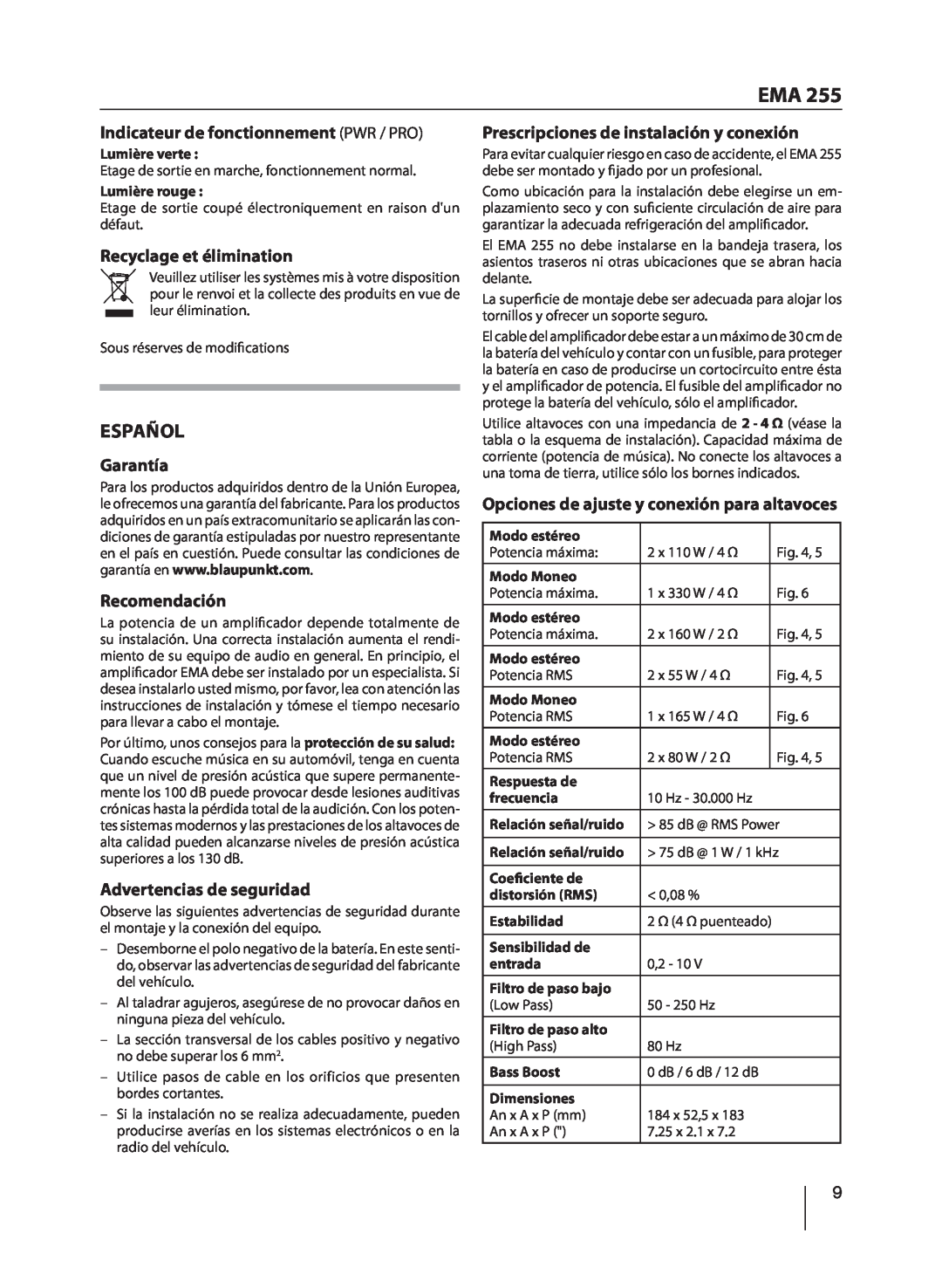 Blaupunkt EMA 255 manual Español, Indicateur de fonctionnement PWR / PRO, Recyclage et élimination, Garantía, Recomendación 