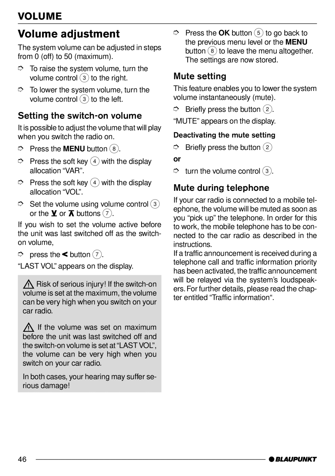 Blaupunkt Frankfurt C70 Volume adjustment, Setting the switch-on volume, Mute setting, Mute during telephone 