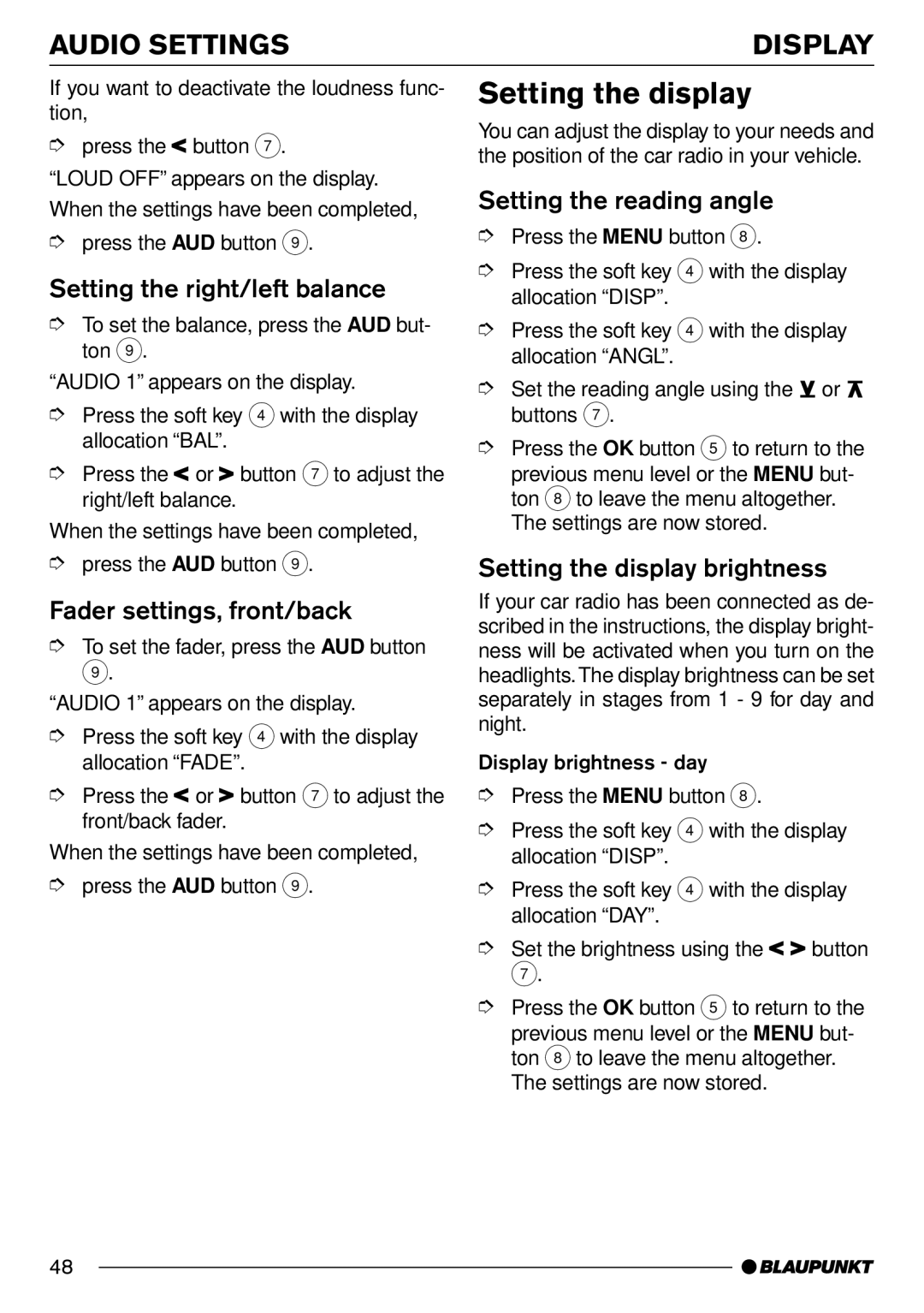 Blaupunkt Frankfurt C70 operating instructions Setting the display, Audio Settings Display 