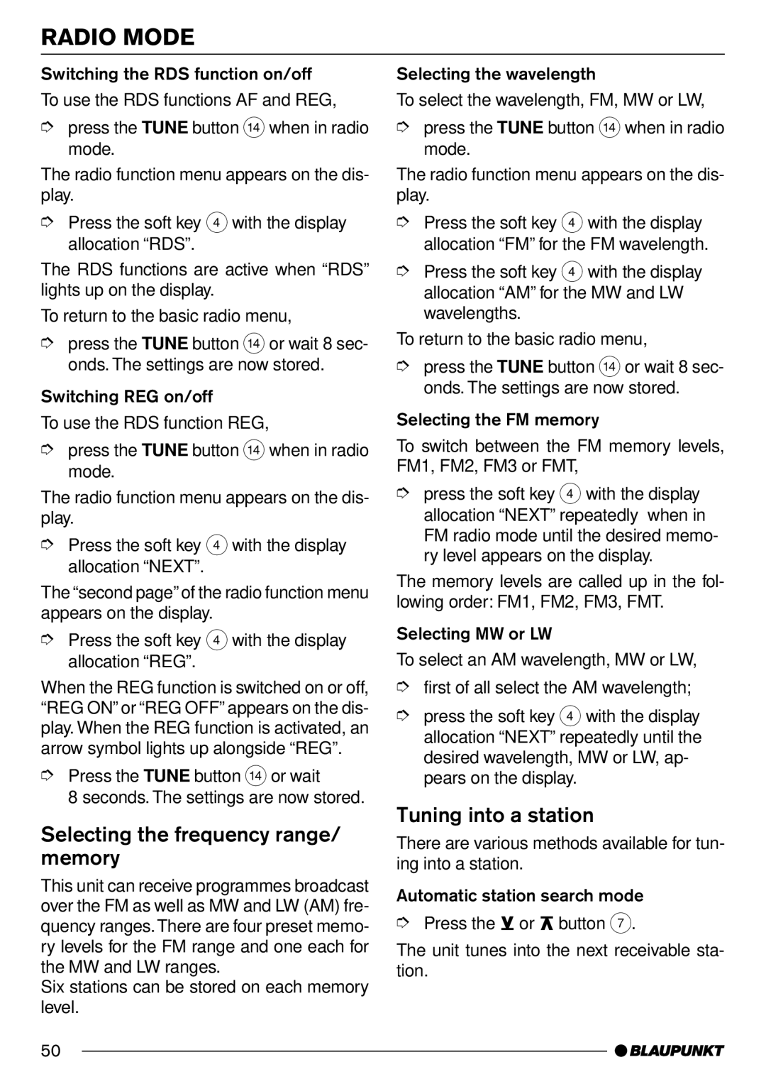 Blaupunkt Frankfurt C70 operating instructions Selecting the frequency range/ memory, Tuning into a station 