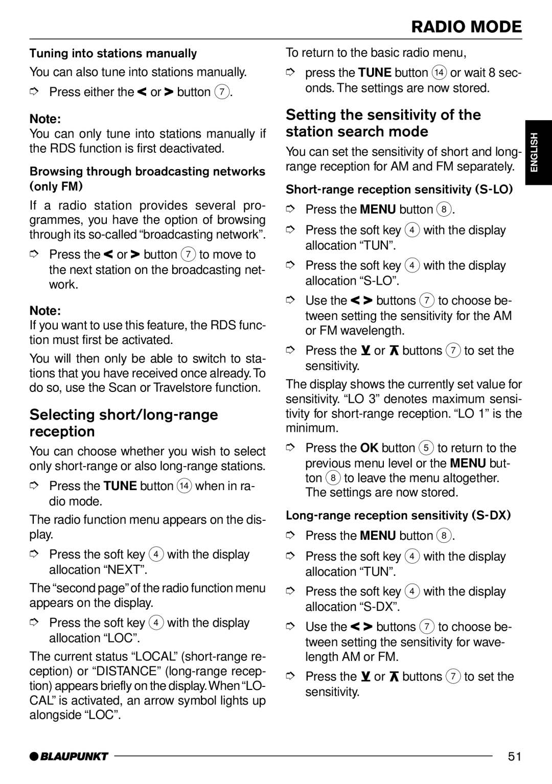 Blaupunkt Frankfurt C70 Selecting short/long-range reception, Setting the sensitivity of the station search mode 