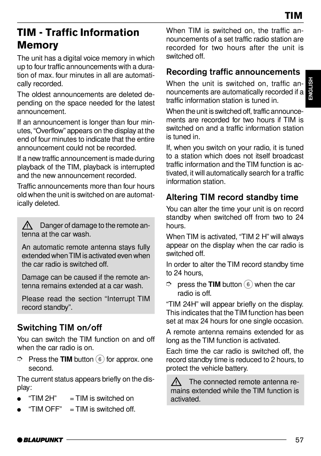 Blaupunkt Frankfurt C70 TIM Traffic Information Memory, Tim, Switching TIM on/off, Recording traffic announcements 