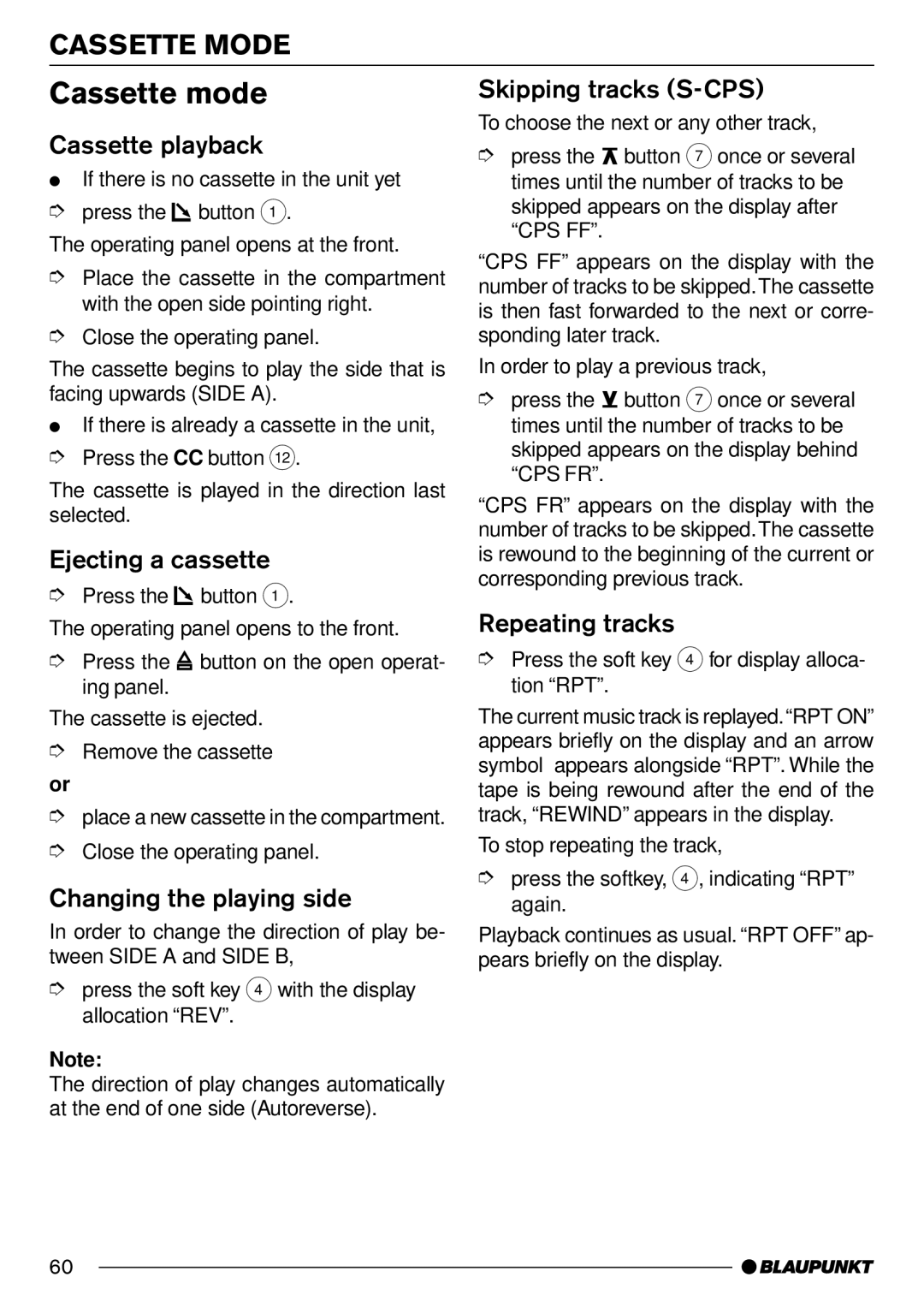 Blaupunkt Frankfurt C70 operating instructions Cassette mode, Cassette Mode 