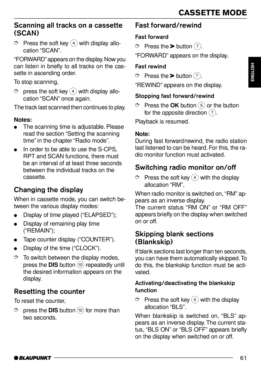 Blaupunkt Frankfurt C70 Scanning all tracks on a cassette Scan, Resetting the counter, Fast forward/rewind 