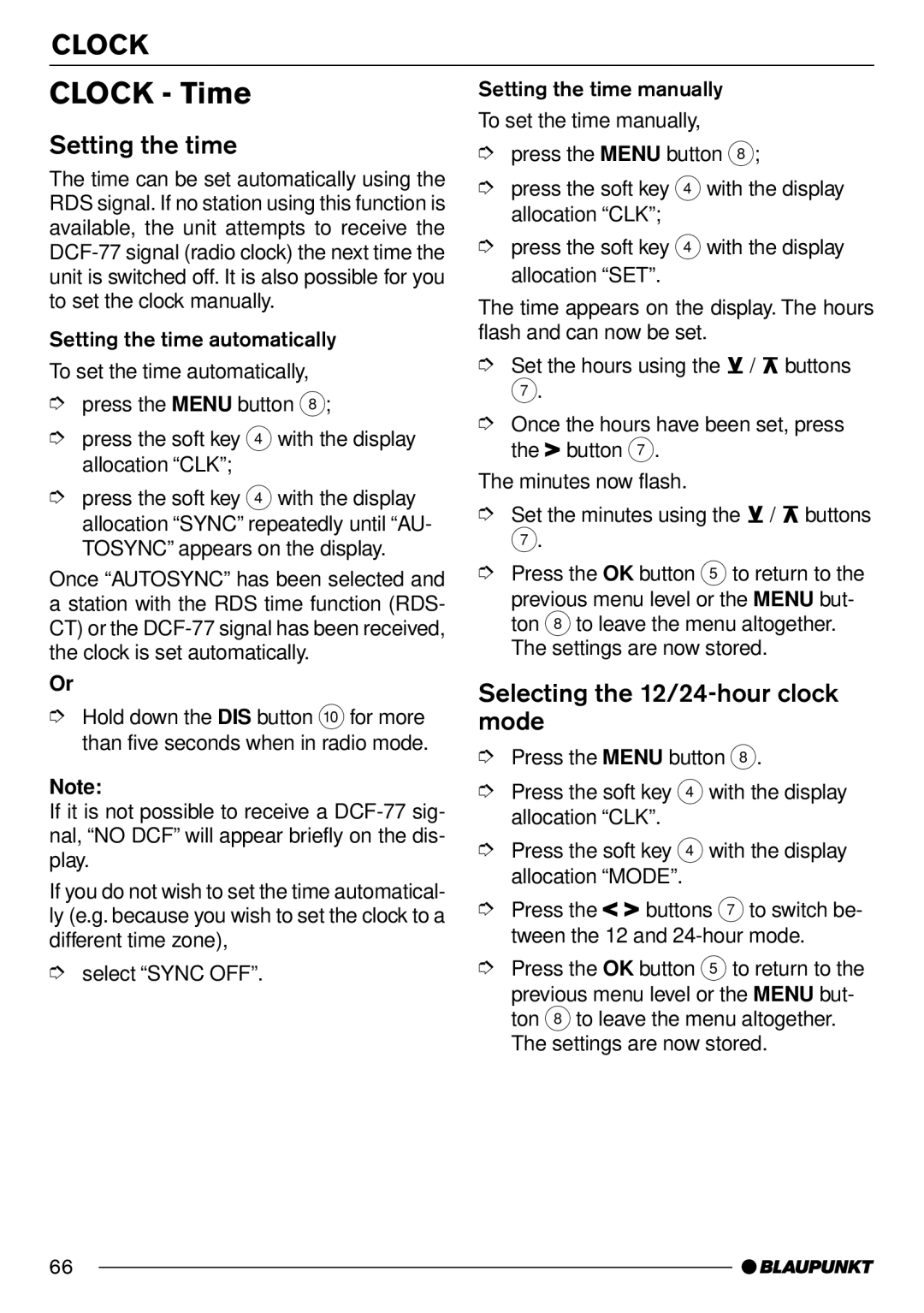 Blaupunkt Frankfurt C70 operating instructions Clock Time, Setting the time, Selecting the 12/24-hour clock mode 