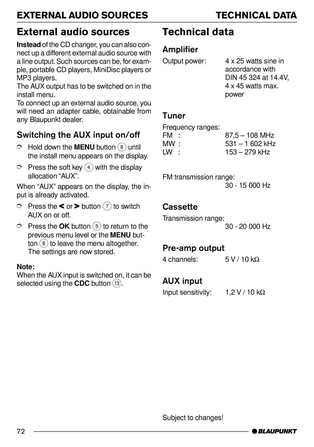 Blaupunkt Frankfurt C70 operating instructions External audio sources, Technical data, External Audio Sources 