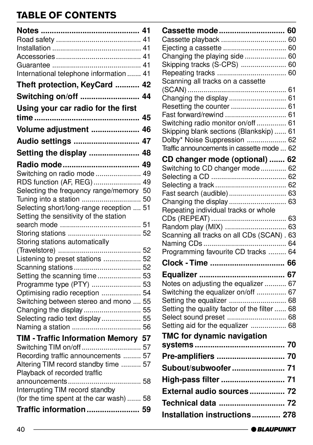 Blaupunkt Frankfurt C70 operating instructions Table of Contents 