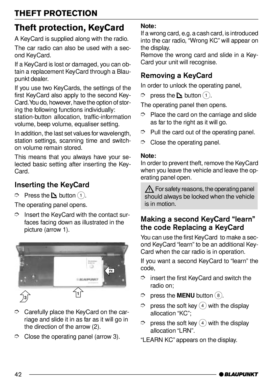 Blaupunkt Frankfurt C70 Theft protection, KeyCard, Theft Protection, Inserting the KeyCard, Removing a KeyCard 