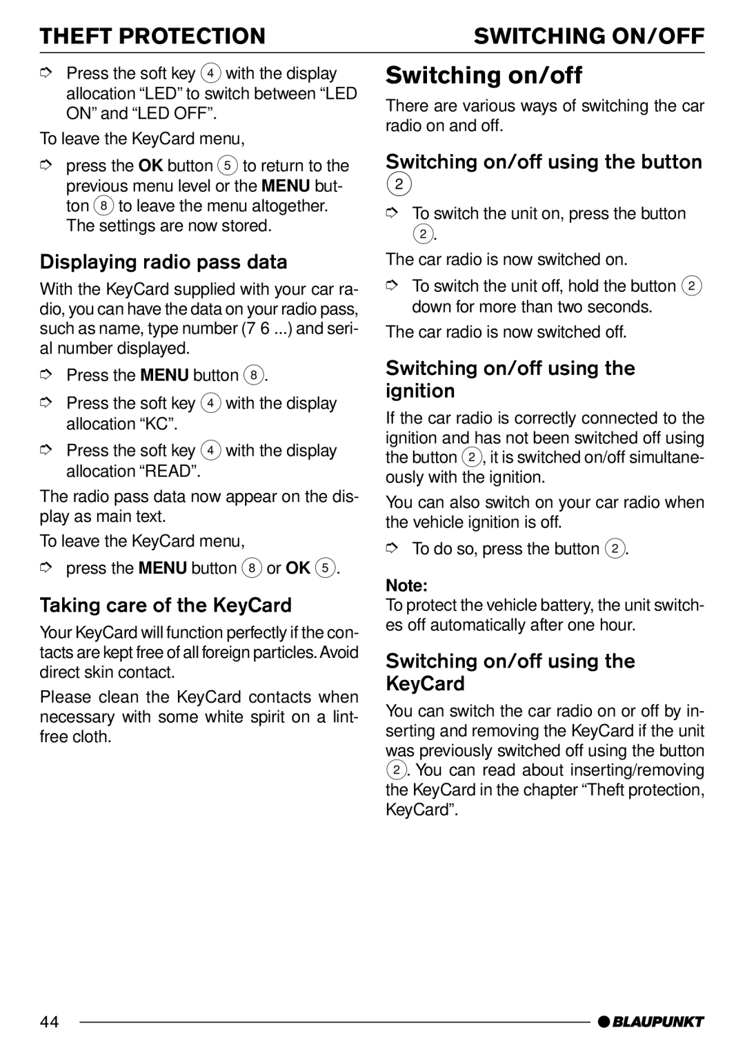 Blaupunkt Frankfurt C70 operating instructions Switching on/off, Theft Protection Switching ON/OFF 