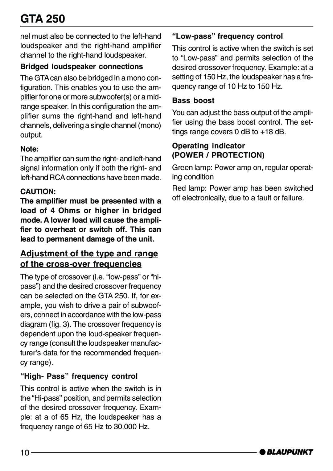 Blaupunkt GTA 250 Bridged loudspeaker connections, ÒHigh- PassÓ frequency control, ÒLow-passÓ frequency control 