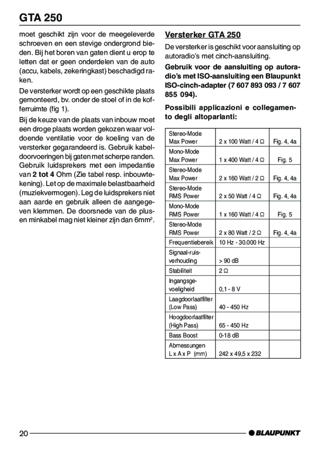 Blaupunkt GTA 250 installation instructions Versterker GTA 