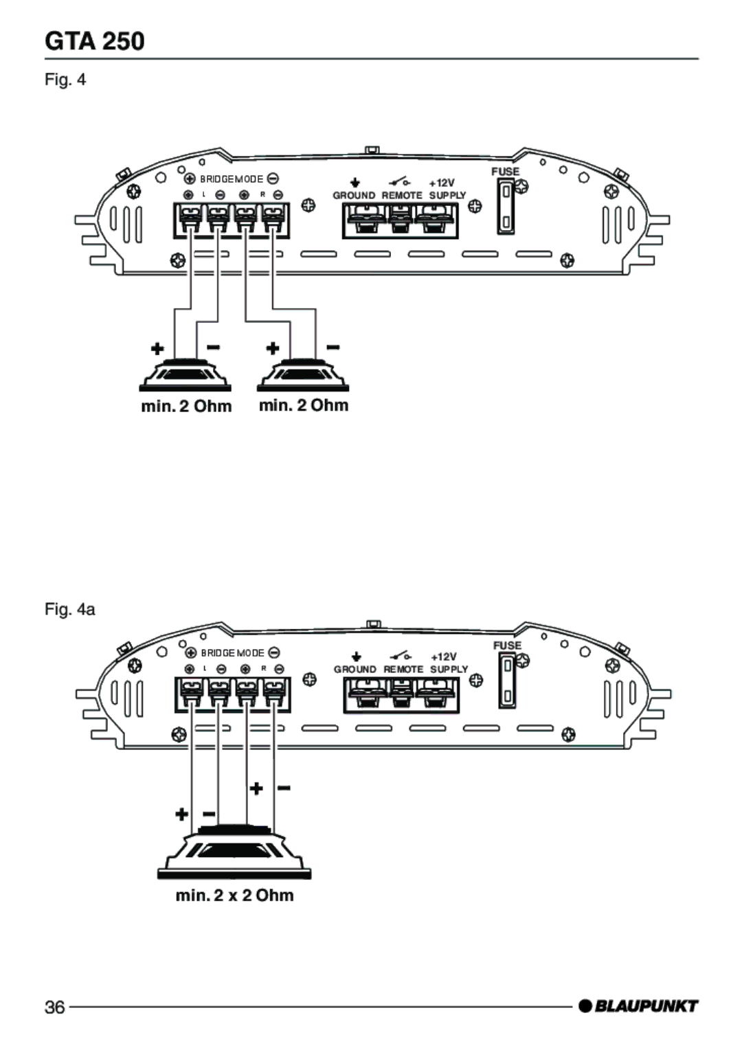 Blaupunkt GTA 250 installation instructions Min Ohm min Ohm, Min x 2 Ohm 