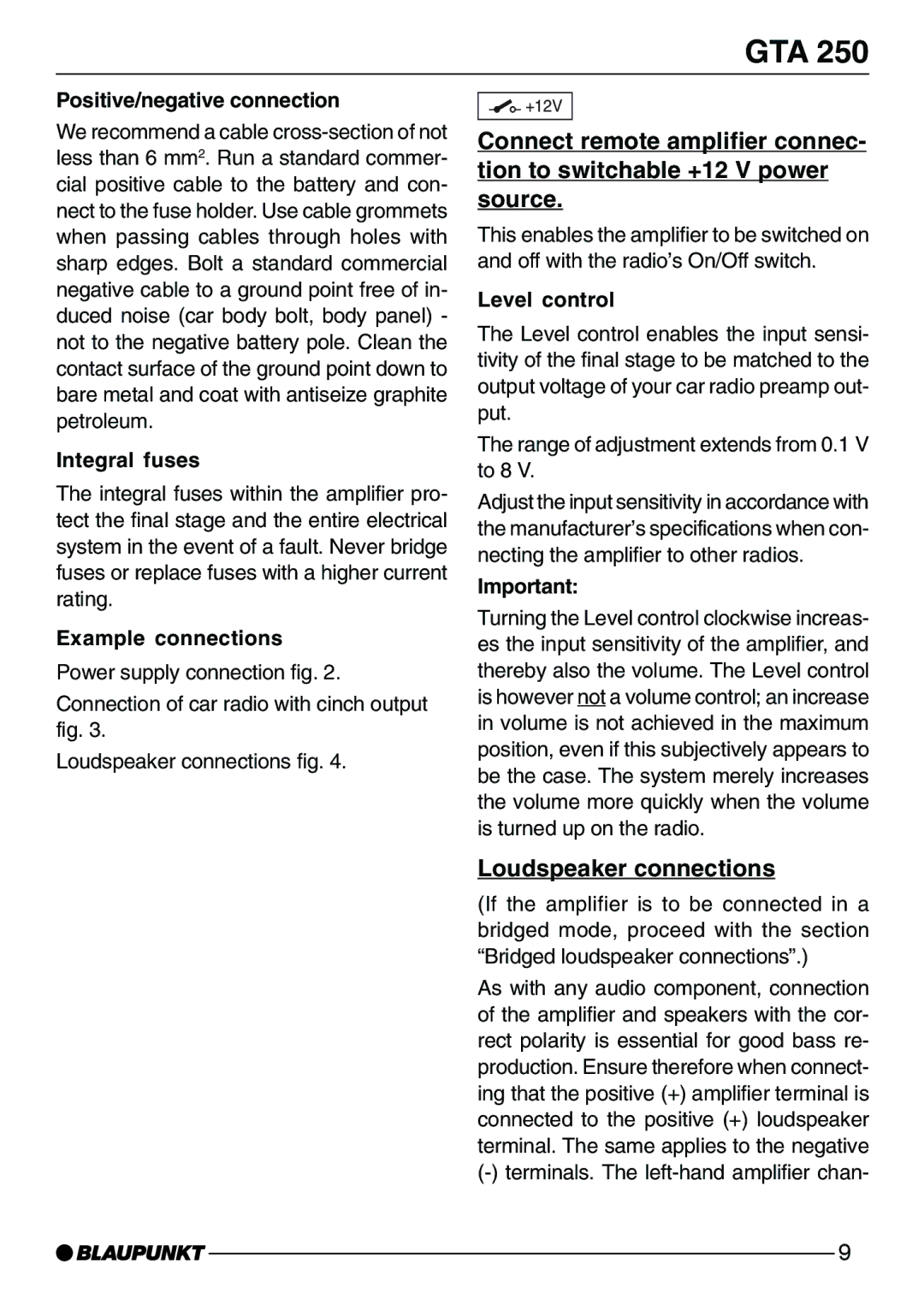 Blaupunkt GTA 250 Loudspeaker connections, Positive/negative connection, Integral fuses, Example connections 