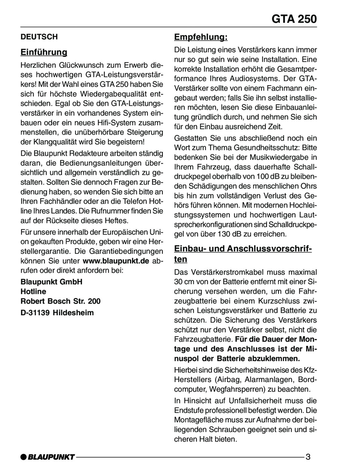 Blaupunkt GTA 250 EinfŸhrung, Empfehlung, Einbau- und Anschlussvorschrif- ten, Deutsch, D-31139Hildesheim 