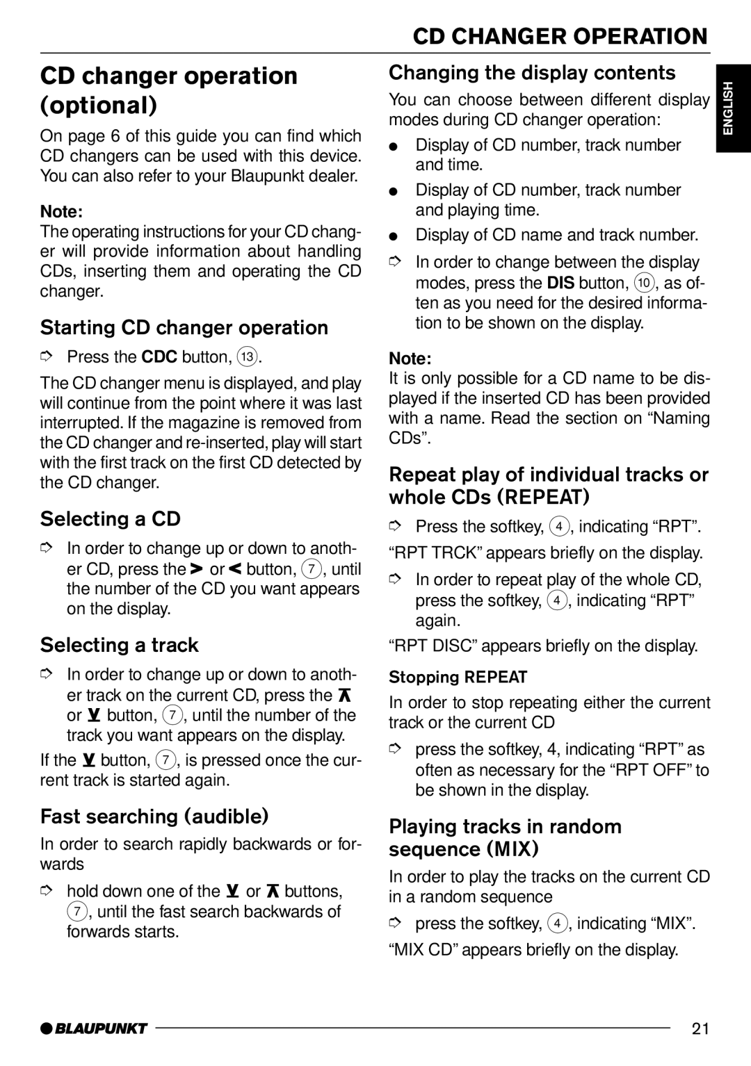 Blaupunkt Hamburg CD70 operating instructions CD changer operation, Optional 