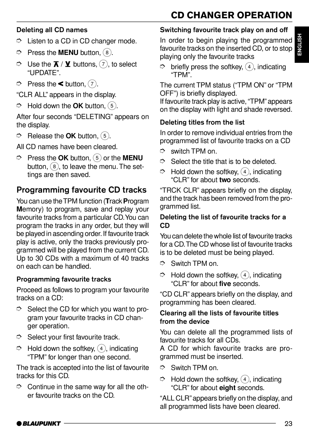 Blaupunkt Hamburg CD70 operating instructions Programming favourite CD tracks 