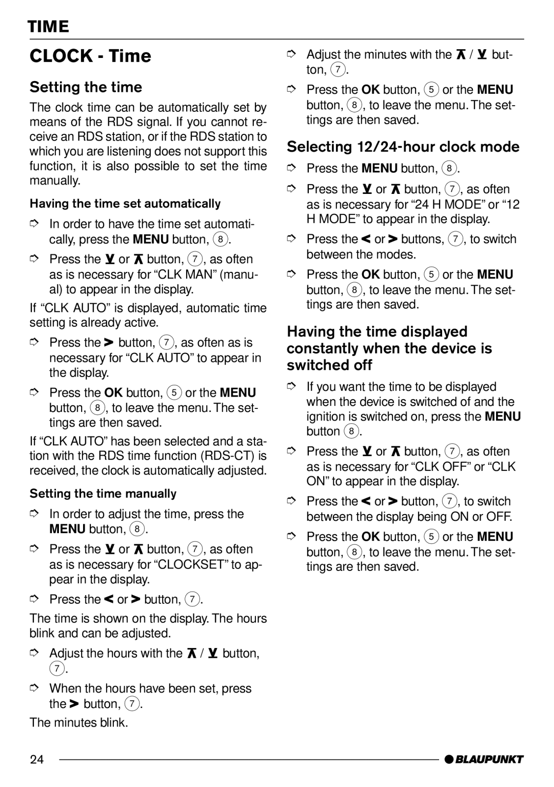 Blaupunkt Hamburg CD70 operating instructions Clock Time, Setting the time, Selecting 12/24-hour clock mode 