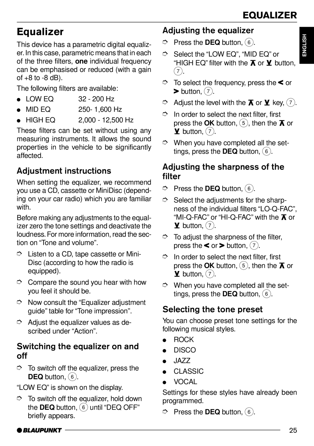 Blaupunkt Hamburg CD70 operating instructions Equalizer 