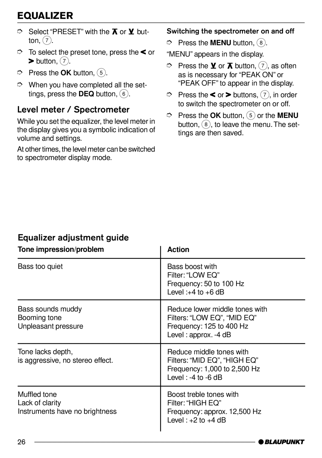 Blaupunkt Hamburg CD70 operating instructions Level meter / Spectrometer, Equalizer adjustment guide 