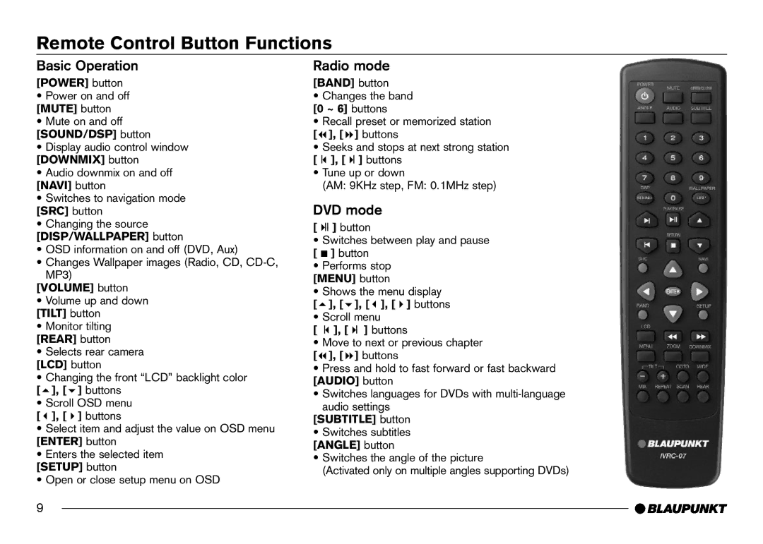 Blaupunkt IVDM-7002 manual Remote Control Button Functions, Basic Operation, Radio mode, DVD mode 