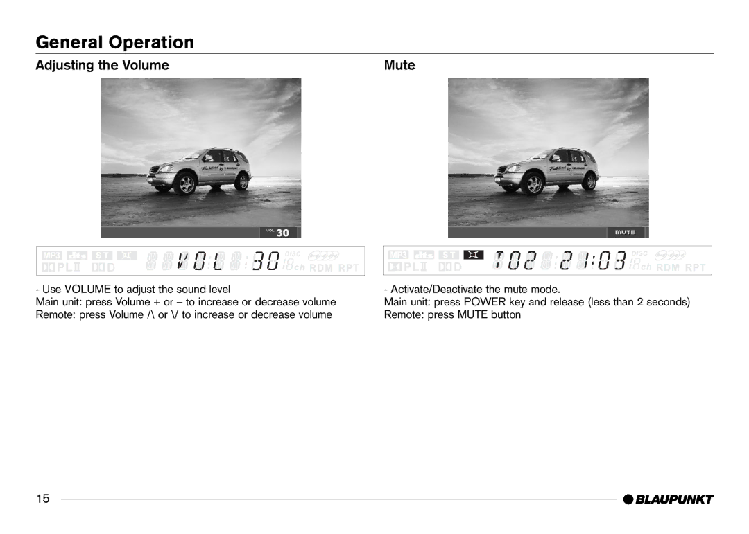 Blaupunkt IVDM-7002 manual Adjusting the Volume Mute 