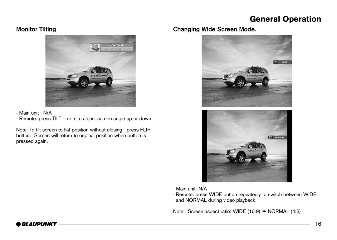 Blaupunkt IVDM-7002 manual Monitor Tilting Changing Wide Screen Mode 