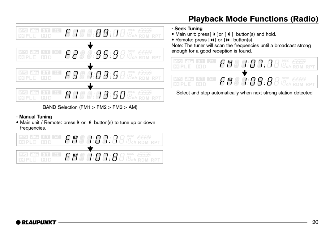 Blaupunkt IVDM-7002 manual Manual Tuning, Seek Tuning 