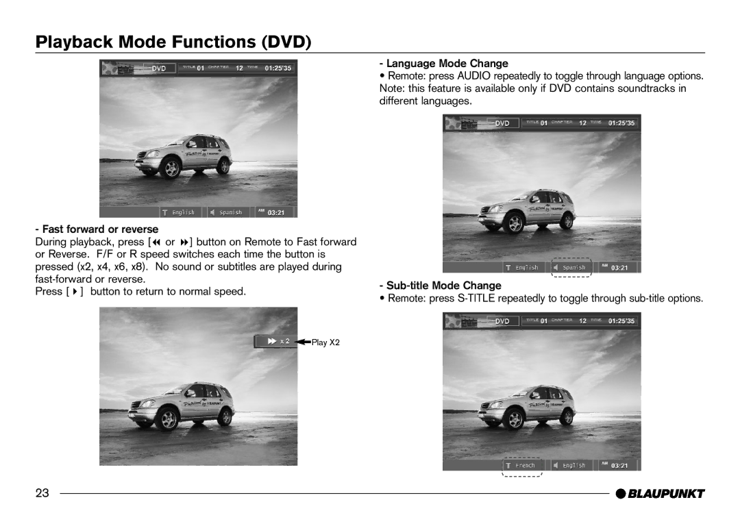 Blaupunkt IVDM-7002 manual Fast forward or reverse, Language Mode Change, Sub-title Mode Change 