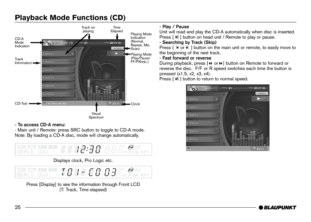 Blaupunkt IVDM-7002 manual Playback Mode Functions CD, To access CD-A menu, Searching by Track Skip 