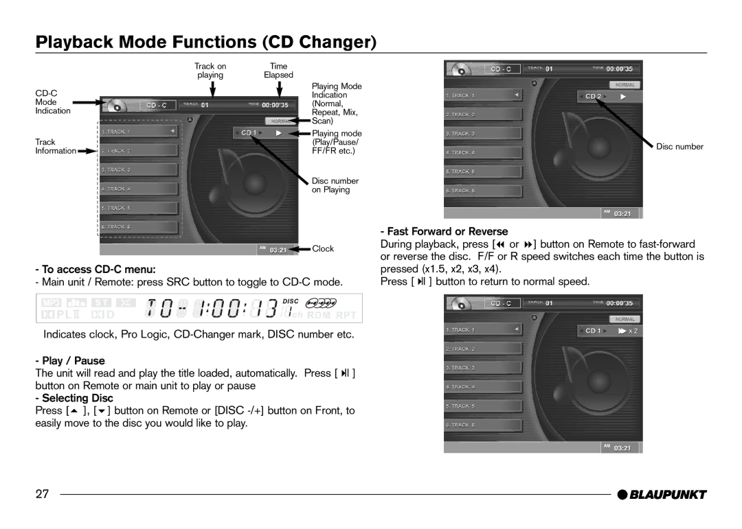 Blaupunkt IVDM-7002 manual Playback Mode Functions CD Changer, To access CD-C menu, Selecting Disc 