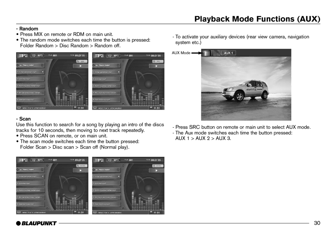 Blaupunkt IVDM-7002 manual Playback Mode Functions AUX, Press Scan on remote, or on main unit 