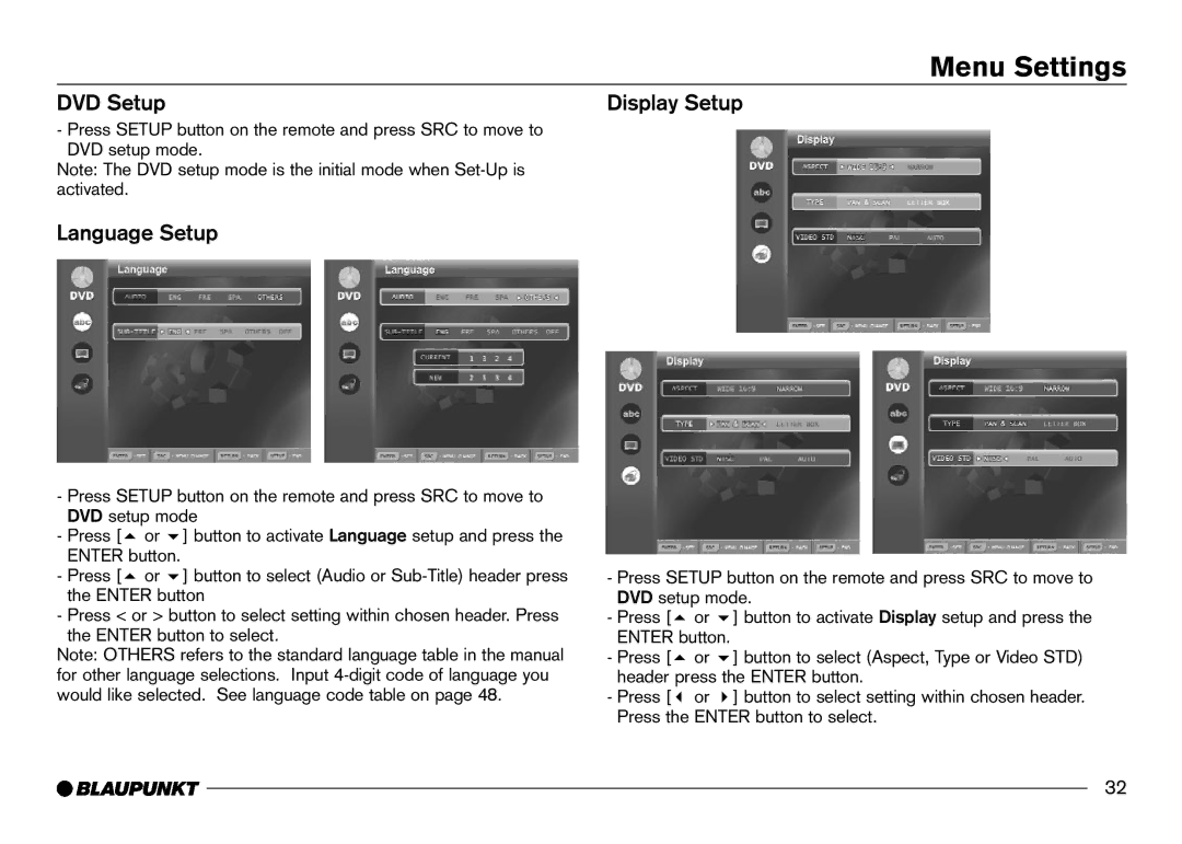 Blaupunkt IVDM-7002 manual Menu Settings, DVD Setup, Language Setup, Display Setup 