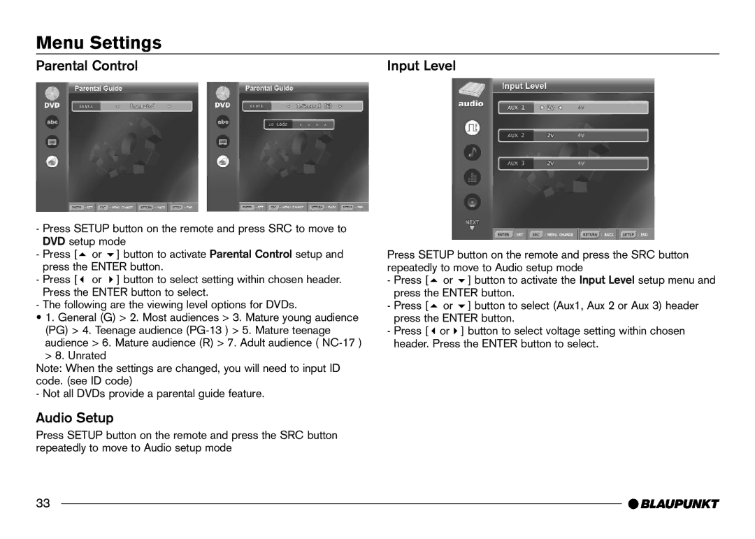 Blaupunkt IVDM-7002 manual Parental Control, Audio Setup 