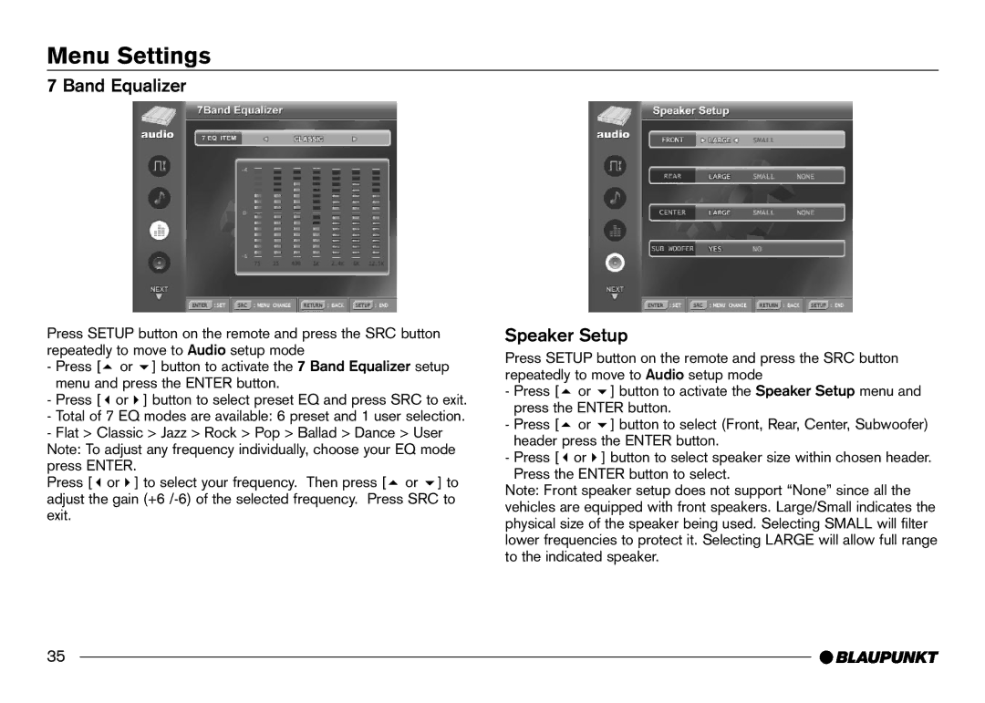 Blaupunkt IVDM-7002 manual Band Equalizer, Speaker Setup 