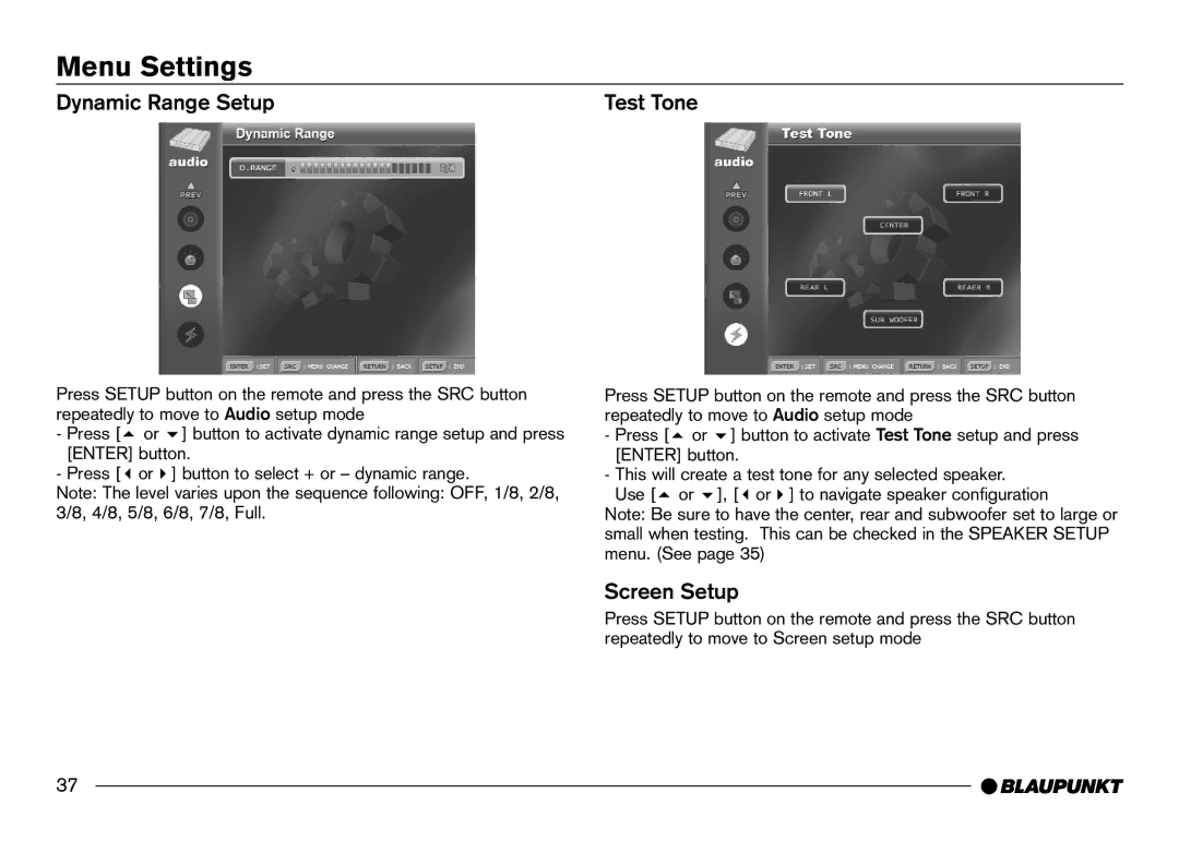 Blaupunkt IVDM-7002 manual Dynamic Range Setup, Test Tone, Screen Setup 