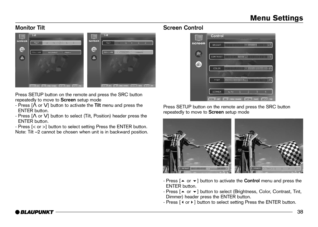 Blaupunkt IVDM-7002 manual Monitor Tilt, Screen Control 