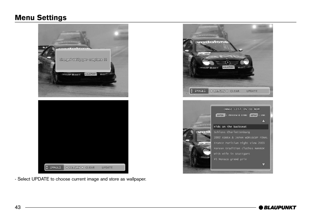 Blaupunkt IVDM-7002 manual Select Update to choose current image and store as wallpaper 